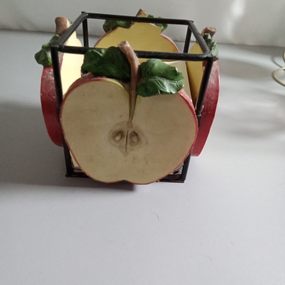 Vintage Red Apple Slice Sticky Note Holder Metal Resin Desk Memo Pad Organizer
